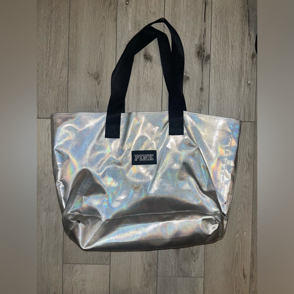 PINK Victoria's Secret Holographic Silver Tote Bag with Black Straps